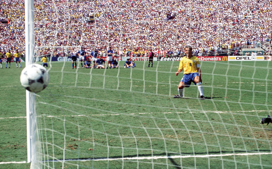 1994 World Cup Final. Pasadena, USA. 17th July, 1994. Brazil 0 v Italy 0. (Brazil won 3-2 on penalties). Brazilian captain Dunga scores the third penalty for Brazil in the shoot-out